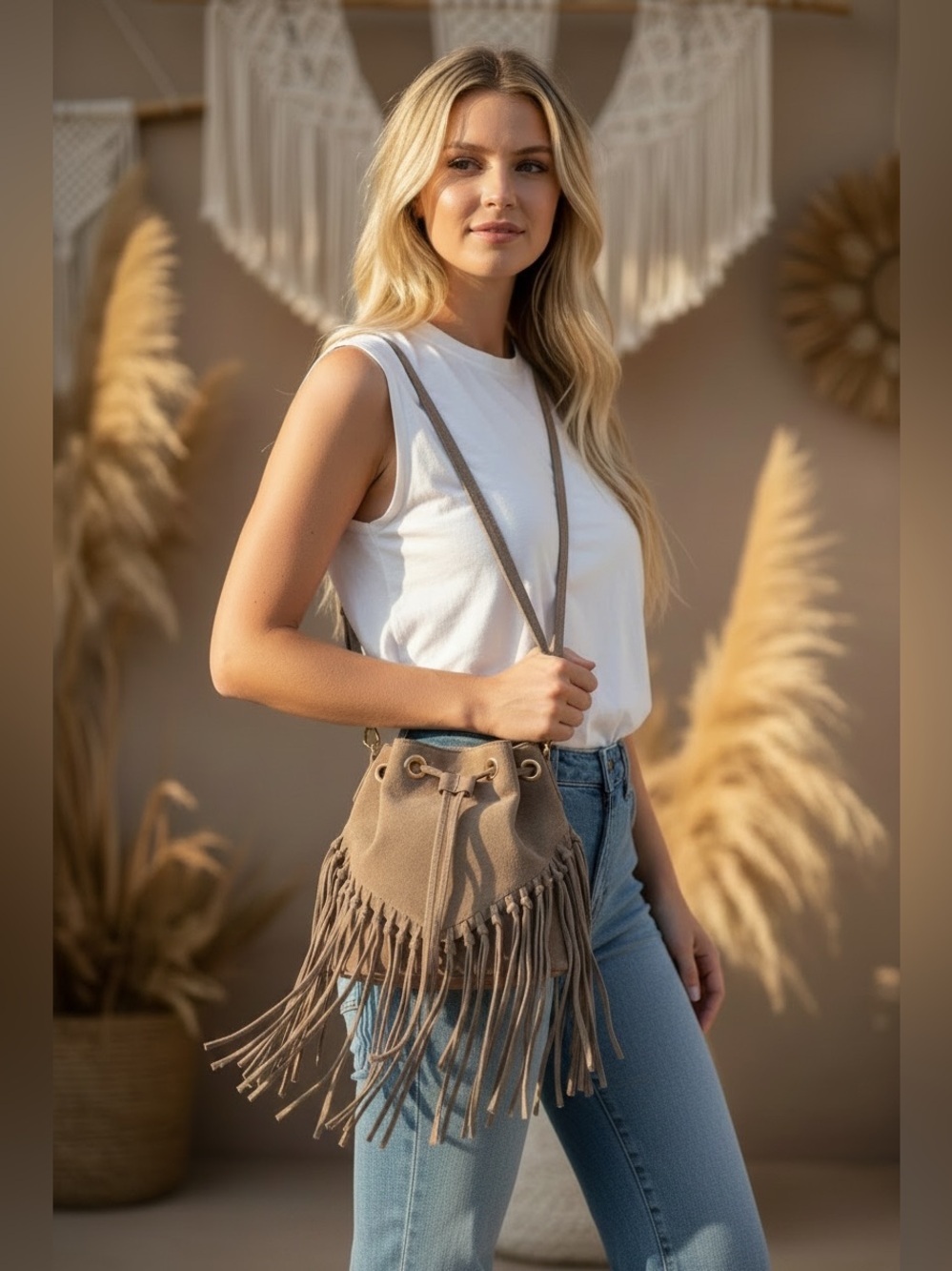 Isadora Fringe Suede Leather Crossbody Bucket Bag Drawstring Hobo Boho Taupe